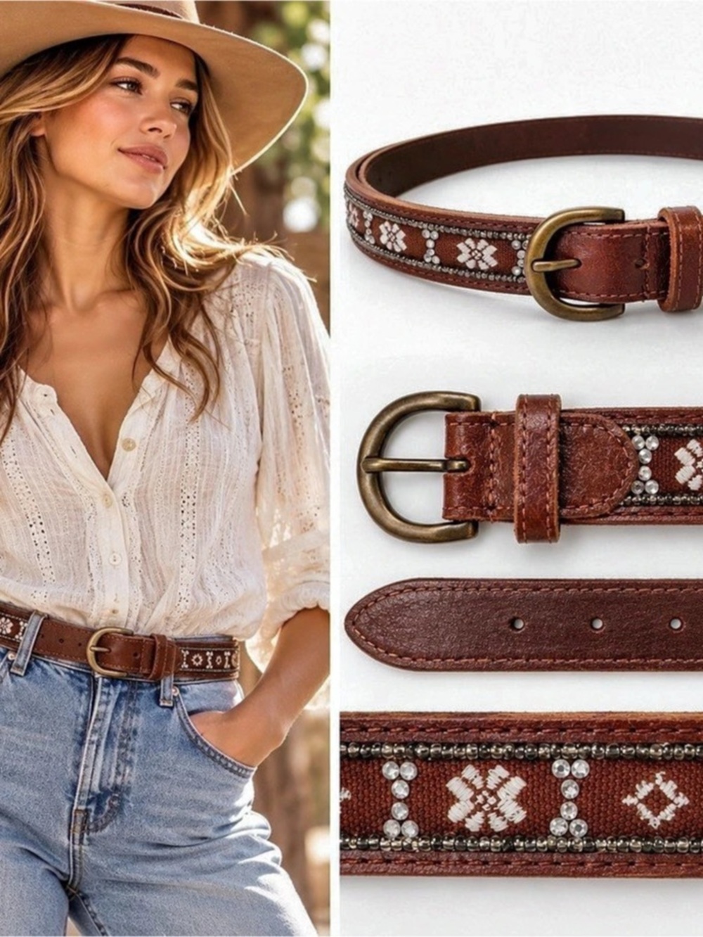 Vintage Y2K Abercrombie Fitch BOHO Brown Leather Rhinestone Embroidered Belt 38”